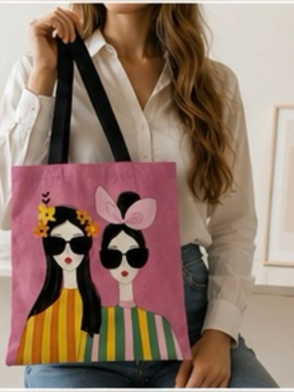 Pink Illustrated Women’s Canvas Tote Bag with Black Handles 💗😎
